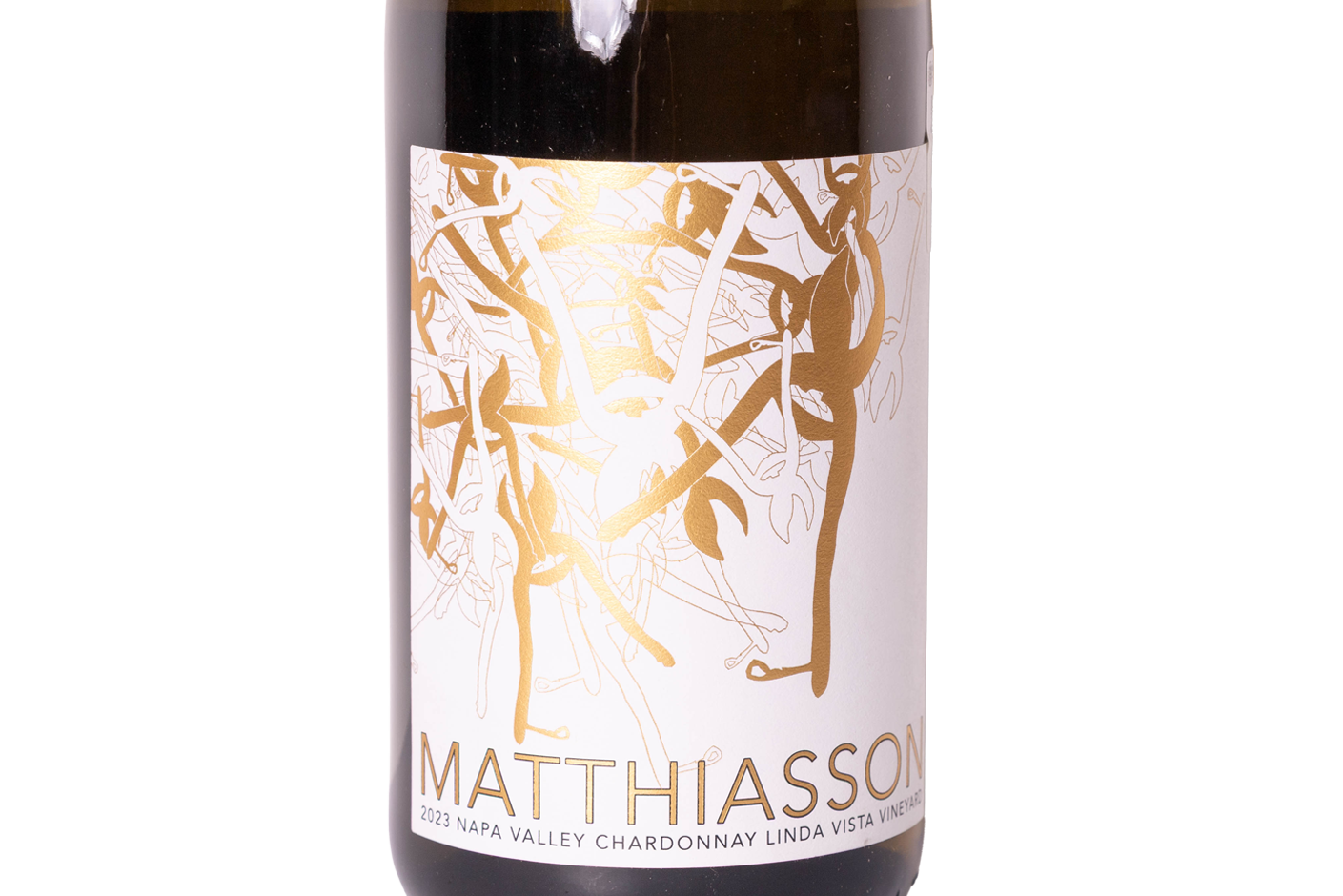 Close up de la etiqueta de vino blanco Chardonnay 2023 de Matthiasson Winery de Napa Valley