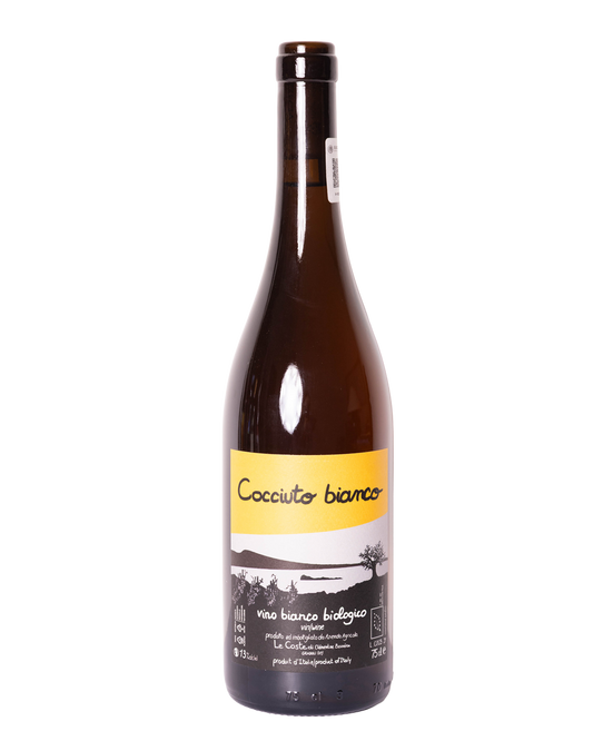 Botella de vino tinto natural Cocciuto Bianco 2021 de Le Coste de Lazio Italia