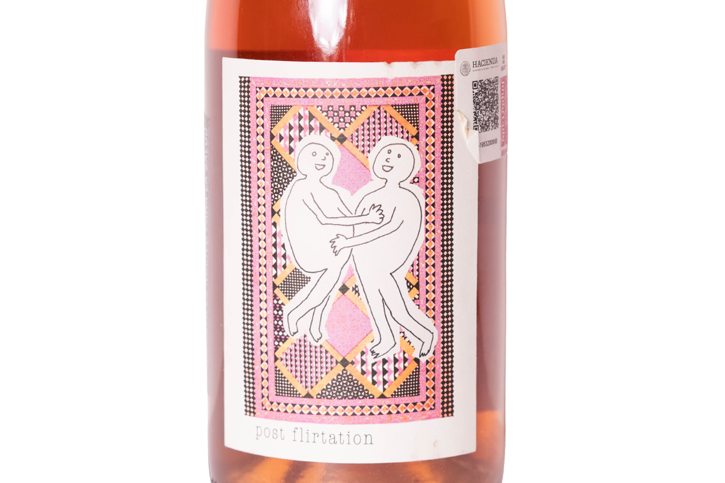 Close up de la etiqueta de vino rosado natural Post Flirtation NV de Martha Stoumen de California