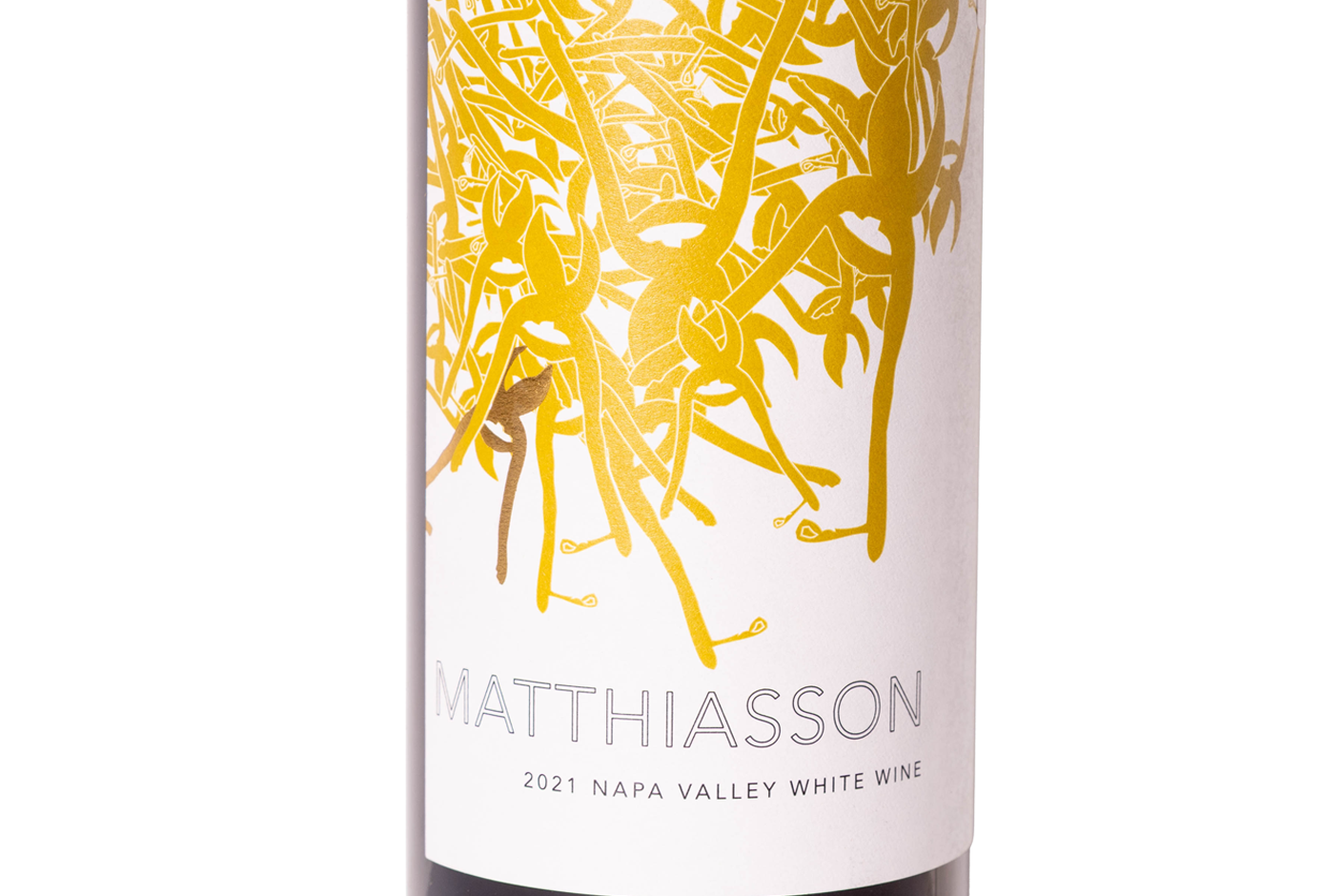closeup de botella de vino blanco natural Matthiasson napa valley white wine 2021