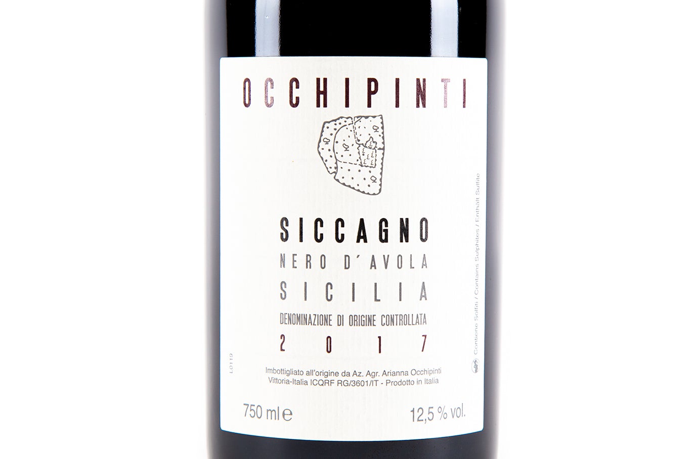 etiqueta de vino tinto Siccagno de Arianna occhipinti.